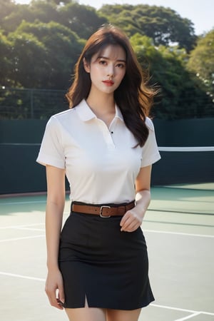 A half-Korean European woman exudes confidence while posing on a minimalist outdoor court, bathed in soft white light that accentuates her features and natural glow. She wears a fitted Mahalai uniform with short sleeve and short black pencil skirt cinched at the waist by a brown belt, framing her relaxed pose amidst the simplicity of the outdoor setting under clear skies.