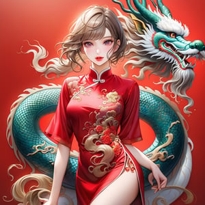  oriental dragon,(girl:1.5),(China dress),(China dress),breast,(cowboy shot portrait:1.3), (wavy ponytail short hair with bangs:1.2), windblown hair, (beautiful light brown thin hair:1.3), (hime cut bangs:1.5), ((centered image)), a stunning beautiful woman, 30 YEAR OLD, (looking at the viewer:1.3), BREAK, ((dragon dance:1.5)), (looking at the viewer:1.3), (standing with arms behind back:1.4), BREAK, masterpiece, best quality, highres, baeautiful aesthetic, 1girl, JAPANESE hot model, looking at viewer:1.3, (smile:0.6), wearing ((red cheongsam dress:1.3)), (red theme:1.3), realistic, (narrow waist:1.3), (thin legs:1.3), professional gravure photo, parted lips, glossy juicy lips, pink lips, , perfecteyes eyes.