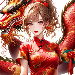  oriental dragon,(girl:1.5),(China dress),(China dress),breast,(cowboy shot portrait:1.3), (wavy ponytail short hair with bangs:1.2), windblown hair, (beautiful light brown thin hair:1.3), (hime cut bangs:1.5), ((centered image)), a stunning beautiful woman, 30 YEAR OLD, (looking at the viewer:1.3), BREAK, ((dragon dance:1.5)), (looking at the viewer:1.3), (standing with arms behind back:1.4), BREAK, masterpiece, best quality, highres, baeautiful aesthetic, 1girl, JAPANESE hot model, looking at viewer:1.3, (smile:0.6), wearing ((red cheongsam dress:1.3)), (red theme:1.3), realistic, (narrow waist:1.3), (thin legs:1.3), professional gravure photo, parted lips, glossy juicy lips, pink lips, , perfecteyes eyes.