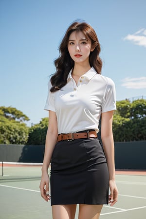 A half-Korean European woman exudes confidence while posing on a minimalist outdoor court, bathed in soft white light that accentuates her features and natural glow. She wears a fitted Mahalai uniform with short sleeve and short black pencil skirt cinched at the waist by a brown belt, framing her relaxed pose amidst the simplicity of the outdoor setting under clear skies.