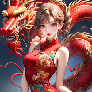  oriental dragon,(girl:1.5),(China dress),(China dress),breast,(cowboy shot portrait:1.3), (wavy ponytail short hair with bangs:1.2), windblown hair, (beautiful light brown thin hair:1.3), (hime cut bangs:1.5), ((centered image)), a stunning beautiful woman, 30 YEAR OLD, (looking at the viewer:1.3), BREAK, ((dragon dance:1.5)), (looking at the viewer:1.3), (standing with arms behind back:1.4), BREAK, masterpiece, best quality, highres, baeautiful aesthetic, 1girl, JAPANESE hot model, looking at viewer:1.3, (smile:0.6), wearing ((red cheongsam dress:1.3)), (red theme:1.3), realistic, (narrow waist:1.3), (thin legs:1.3), professional gravure photo, parted lips, glossy juicy lips, pink lips, , perfecteyes eyes.