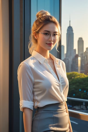 Against a window-framed cityscape's soft hues at dusk, a 25-year-old woman's radiant beauty unfolds. Her gaze drifts inward with gentle smile, blonde curls ponytail framing her face. Confidently clad in crisp white shirt and fitted gray skirt, she stands poised beside the metropolis's vibrant colors and subtle shading. Soft natural light casts warm shadows, highlighting her stylish glasses and modern attire as she steps into the city.