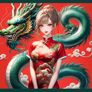  oriental GREEN dragon,(girl:1.5),(China dress),(China dress),breast,(cowboy shot portrait:1.3), (wavy ponytail short hair with bangs:1.2), (beautiful light brown thin hair:1.3), (hime cut bangs:1.5), ((centered image)), a stunning beautiful woman, 35 YEAR OLD, (looking at the viewer:1.3), BREAK, ((dragon dance:1.5)), (looking at the viewer:1.3), (standing with arms behind back:1.4), BREAK, masterpiece, best quality, highres, baeautiful aesthetic, 1girl, JAPANESE hot model, looking at viewer:1.3, (smile:0.6), wearing ((red cheongsam dress:1.3)), (red theme:1.3), realistic, (narrow waist:1.3), (thin legs:1.3), professional gravure photo, parted lips, glossy juicy lips, pink lips, , perfecteyes eyes.