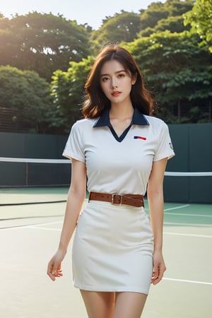 A half-Korean European woman exudes confidence while posing on a minimalist outdoor court, bathed in soft white light that accentuates her features and natural glow. She wears a fitted Mahalai uniform with short sleeve and short black pencil skirt cinched at the waist by a brown belt, framing her relaxed pose amidst the simplicity of the outdoor setting under clear skies.