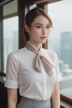 "In this captivating still from an alternate reality film, a poised woman stands by a window, her pale complexion glowing softly. She gazes confidently at the viewer with a gentle smile. Dressed in modern Korean-style business attire—a crisp white collared shirt and fitted gray skirt—her elegance is enhanced by stylish glasses. Bathed in soft natural light, she lifts both hands behind her head, gracefully tying her hair into a sleek ponytail, exuding calm authority and sophistication during the refined gesture."