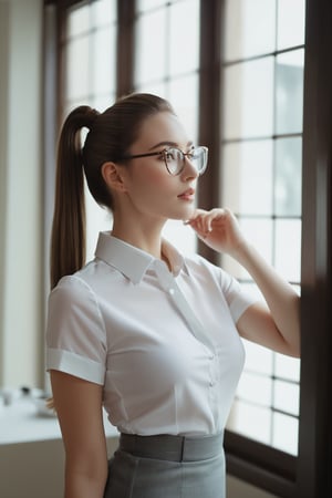 "In this captivating still from an alternate reality film, a poised woman stands by a window, her pale complexion glowing softly. She gazes confidently at the viewer with a gentle smile. Dressed in modern-style business attire—a crisp white collared shirt and fitted gray skirt—her elegance is enhanced by stylish glasses. Bathed in soft natural light, she lifts both hands behind her head, gracefully tying her hair into a sleek ponytail, exuding calm authority and sophistication during the refined gesture."