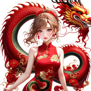  FULL BODY PHOTOSHOOT, oriental GREEN dragon,(girl:1.5),(China dress),(China dress),breast,(cowboy shot portrait:1.3), (wavy ponytail short hair with bangs:1.2), (beautiful light brown thin hair:1.3), (hime cut bangs:1.5), ((centered image)), a stunning beautiful woman, (looking at the viewer:1.3), BREAK, ((dragon dance:1.5)), (looking at the viewer:1.3), (standing with arms behind back:1.4), BREAK, masterpiece, best quality, highres, baeautiful aesthetic, 1girl, JAPANESE hot model, (smile:0.6), wearing ((red cheongsam dress:1.3)), (red theme:1.3), realistic, (narrow waist:1.3), (thin legs:1.3), professional gravure photo, parted lips, glossy juicy lips, pink lips, , perfecteyes eyes.