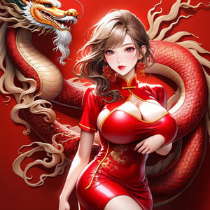  oriental dragon,(girl:1.5),(China dress),(China dress),breast,(cowboy shot portrait:1.3), (wavy ponytail short hair with bangs:1.2), windblown hair, (beautiful light brown thin hair:1.3), (hime cut bangs:1.5), ((centered image)), a stunning beautiful and busty woman, 20yo, (looking at the viewer:1.3), BREAK, ((dragon dance:1.5)), (looking at the viewer:1.3), (standing with arms behind back:1.4), BREAK, masterpiece, best quality, highres, baeautiful aesthetic, 1girl, Korean hot model, looking at viewer:1.3, (smile:0.6), wearing ((red latex cheongsam dress:1.3)), (red theme:1.3), realistic, busty, (sagging breasts:1.37), (huge breasts:1.37), (narrow waist:1.3), (thin legs:1.3), professional gravure photo, parted lips, glossy juicy lips, pink lips, , Realism, photo of perfecteyes eyes