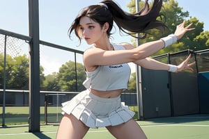 "A half-Asian, half-Russian girl with pale white skin stands confidently on a minimalist outdoor tennis court. Her brown ponytail sways as she prepares to smash a tennis ball. Dressed in a fitted tennis uniform, featuring a sleeveless top and a short, waist-cinched skirt, she grips the racket with determination. The soft white light enhances her striking features, emphasizing her powerful stance and athleticism as she drives the ball across the pristine court beneath clear skies."