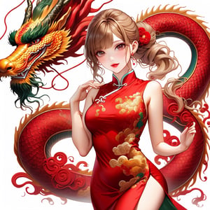  FULL BODY PHOTOSHOOT, oriental GREEN dragon,(girl:1.5),(China dress),(China dress),breast,(cowboy shot portrait:1.3), (wavy ponytail short hair with bangs:1.2), (beautiful light brown thin hair:1.3), (hime cut bangs:1.5), ((centered image)), a stunning beautiful woman, (looking at the viewer:1.3), BREAK, ((dragon dance:1.5)), (looking at the viewer:1.3), (standing with arms behind back:1.4), BREAK, masterpiece, best quality, highres, baeautiful aesthetic, 1girl, JAPANESE hot model, (smile:0.6), wearing ((red cheongsam dress:1.3)), (red theme:1.3), realistic, (narrow waist:1.3), (thin legs:1.3), professional gravure photo, parted lips, glossy juicy lips, pink lips, , perfecteyes eyes.