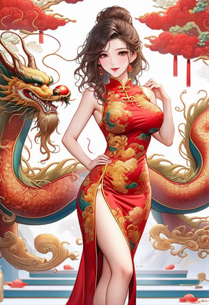 oriental dragon,(girl:1.5),(China dress),(China dress),breast,1 girl, fashion model, tall and thin, bra, beauty, C cup, big breasts, slender legs, luxury wedding ceremony background,