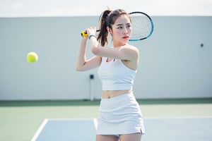 "A half-Asian, half-Russian girl with pale white skin stands confidently on a minimalist outdoor tennis court. Her brown ponytail sways as she prepares to smash a tennis ball. Dressed in a fitted tennis uniform, featuring a sleeveless top and a short, waist-cinched skirt, she grips the racket with determination. The soft white light enhances her striking features, emphasizing her powerful stance and athleticism as she drives the ball across the pristine court beneath clear skies."