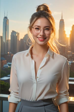 Against a window-framed cityscape's soft hues at dusk, a 25-year-old woman's radiant beauty unfolds. Her gaze drifts inward with gentle smile, blonde curls ponytail framing her face. Confidently clad in crisp white shirt and fitted gray skirt, she stands poised beside the metropolis's vibrant colors and subtle shading. Soft natural light casts warm shadows, highlighting her stylish glasses and modern attire as she steps into the city.