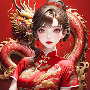  oriental GREEN dragon,(girl:1.5),(China dress),(China dress),breast,(cowboy shot portrait:1.3), (wavy ponytail short hair with bangs:1.2), (beautiful light brown thin hair:1.3), (hime cut bangs:1.5), ((centered image)), a stunning beautiful woman, 35 YEAR OLD, (looking at the viewer:1.3), BREAK, ((dragon dance:1.5)), (looking at the viewer:1.3), (standing with arms behind back:1.4), BREAK, masterpiece, best quality, highres, baeautiful aesthetic, 1girl, JAPANESE hot model, looking at viewer:1.3, (smile:0.6), wearing ((red cheongsam dress:1.3)), (red theme:1.3), realistic, (narrow waist:1.3), (thin legs:1.3), professional gravure photo, parted lips, glossy juicy lips, pink lips, , perfecteyes eyes.