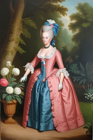 Oil portrait, 18th century, woman in garden, queen marie antoinette, full body