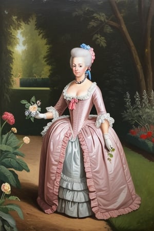Oil portrait, 18th century, woman in garden, queen marie antoinette, full body