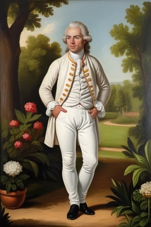 Oil portrait, 18th century, man in garden, white pants, pants bulge