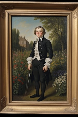 Oil portrait, 18th century, man in garden