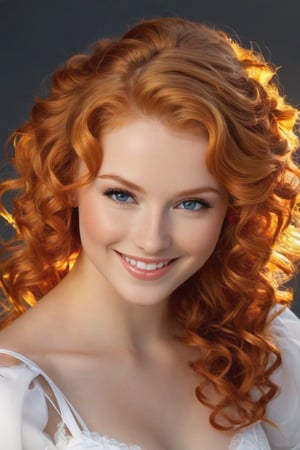 russian girl portrait of a 21-year-old redhead-blonde: A bright-eyed beauty with a captivating smile and sparkling blue eyes, framed by a tumble of curly locks tied with a white ribbon. Her hair, ablaze with vibrant hues of red, orange, and pink, appears to be set aflame, as if infused with the fiery spirit within. She winks knowingly at the viewer, her lips curled upward in a mischievous grin, all beneath a warm, golden light.