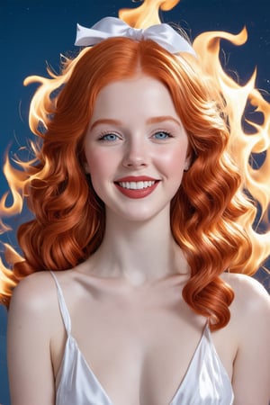 Conrad Rosset's whimsical portrait of a 17-year-old redhead: A bright-eyed beauty with a captivating smile and sparkling blue eyes, framed by a tumble of curly locks tied with a white ribbon. Her hair, ablaze with vibrant hues of red, orange, and pink, appears to be set aflame, as if infused with the fiery spirit within. She winks knowingly at the viewer, her lips curled upward in a mischievous grin, all beneath a warm, golden light.