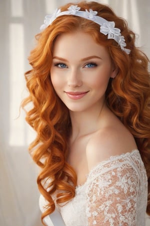 russian girl portrait of a 21-year-old redhead-blonde: A bright-eyed beauty with a captivating smile and sparkling blue eyes, framed by a tumble of curly locks tied with a white ribbon. Her hair, ablaze with vibrant hues of red, orange, and pink, appears to be set aflame, as if infused with the fiery spirit within. She winks knowingly at the viewer, her lips curled upward in a mischievous grin, all beneath a warm, golden light.