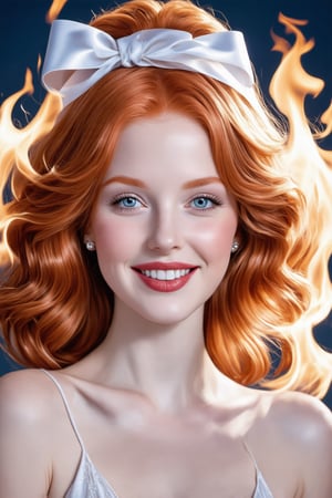 russian girl portrait of a 21-year-old redhead-blonde: A bright-eyed beauty with a captivating smile and sparkling blue eyes, framed by a tumble of curly locks tied with a white ribbon. Her hair, ablaze with vibrant hues of red, orange, and pink, appears to be set aflame, as if infused with the fiery spirit within. She winks knowingly at the viewer, her lips curled upward in a mischievous grin, all beneath a warm, golden light.