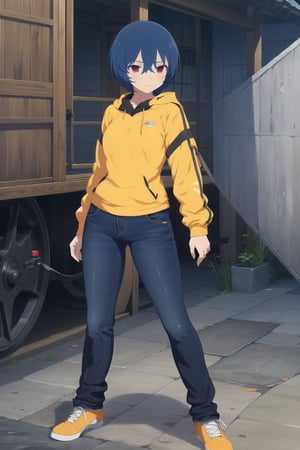 (masterpiece, best quality), highly detailed background, perfect lightingbest quality, solo, blue hair, hair, between eyes, short hair, red eyes, full_body, standing, AmaneSK, teenage, jeans