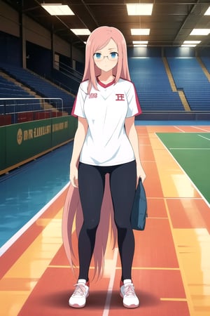 (masterpiece, best quality), highly detailed background, perfect lightingbest quality, solo, pink hair, very long hair, blue eyes, aqua eyes, full_body, standing, ranmaruSK, loose, teenage, dress, sport clothes, glasses