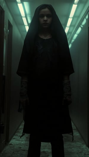 Esther Orphan: A chilling shot of Esther, dressed in a flowing black veil and cross necklace, stands bravely in the dimly lit corridor. Her piercing eyes are filled with a mix of fear and determination as she clutches the knife tightly. Bloodstains on her clothing hint at a dark past. The camera's low-angle shot emphasizes her petite stature, while the flickering fluorescent lights cast ominous shadows on the walls, amplifying the sense of unease. Esther's pose conveys her resolve to face the unknown terror head-on, despite her vulnerable demeanor.