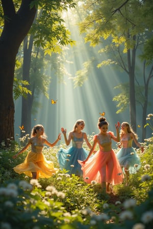 A whimsical scene unfolds: Cinderella's friends, dressed in sparkly attire, frolic amidst towering trees and lush underbrush. Soft sunlight filters through the canopy above, casting dappled shadows on their smiling faces. They twirl and spin, leaves crunching beneath their feet, as they dance through the forest glade, surrounded by fluttering butterflies and a sea of wildflowers.,3v3