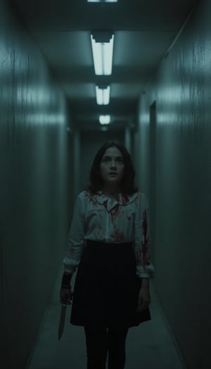 Esther Orphan: A haunting shot of a young woman, Esther, stands alone in a dimly lit corridor. Her eyes are wide with fear as she clutches a knife tightly in her hand. Bloodstains mar her clothing, telling the tale of a tumultuous past. The framing captures her vulnerability, with the camera positioned low to emphasize her petite stature. Flickering fluorescent lights cast eerie shadows on the walls, further heightening the sense of unease. Esther's pose conveys a mix of fear and determination as she faces an unknown terror head-on.,esth3r