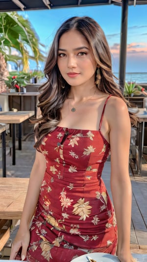 (8k, RAW photo, best quality, depth of field, ultra high res:1.2), (intricate, photorealistic, masterpiece, ultra-detailed), dynamic lighting, a woman in an outdoor restaurant overlooking the ocean, table has food and drinks, candles, vibrant colors, she is styling with a Hawaiian dress, detailed expressive eyes, bright mood lighting,