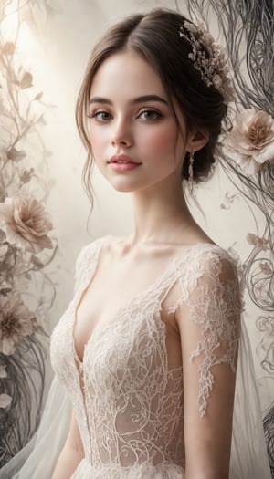 A stunning 8K UHD photograph of a young woman in a breathtaking lace dress, posed against a subtle gradient background with intricate zentangle patterns and delicate flower effects. Soft, iridescent lighting casts a warm glow on the subject's porcelain skin, while cinematic shadows accentuate her features. Professional photography equipment captures every detail, from the delicate lace trim to the soft folds of fabric, in razor-sharp focus. A realistic LUT enhances the natural colors, while a touch of art nouveau flair adds whimsical charm to the overall aesthetic.