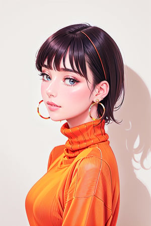 1girl, beautiful face, earrings, (portrait photoshot), wearing (orange turtleneck sweater:1.2) up to her chin, short dark hair, (simple plain background),pimple