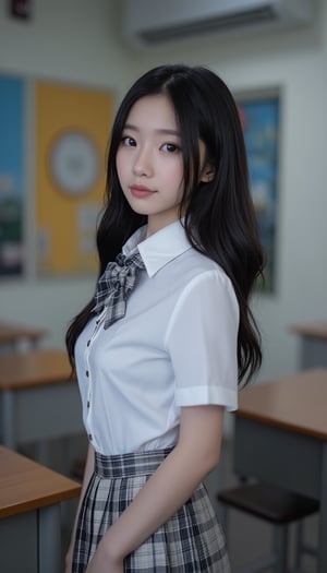 Close-up shot of an ultra-realistic schoolgirl standing confidently in a cluttered classroom setting. Her raven-black hair flows down her back like a waterfall, with individual strands framing her heart-shaped face. Her innocent eyes sparkle directly at the viewer, as she wears a crisp white blouse and a textured miniskirt. The camera captures the delicate folds of her uniform and the subtle texture of her clothing, showcasing the highest level of detail in every aspect of this stunning portrait.