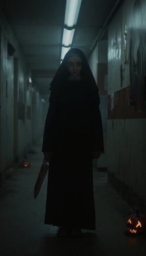 Esther Orphan: A haunting shot of Esther, veiled and cross-adorned, stands defiantly in a dimly lit corridor, fluorescent lights casting ominous shadows on walls. Her piercing eyes reflect fear and determination as she grips the knife tightly, bloodstains hinting at a troubled past. The low-angle camera emphasizes her petite stature, while jack-o'-lanterns eerily illuminate the dark corners, amplifying unease. Esther's resolute pose belies her vulnerability as she confronts the unknown terror, flashlight casting an eerie glow on her determined face.,esth3r,nun,black dress,cross neclace