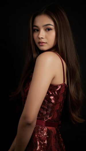 a young woman with long dark brown hair, beautiful young woman wearing fabric dress, dark background, perfect lighting