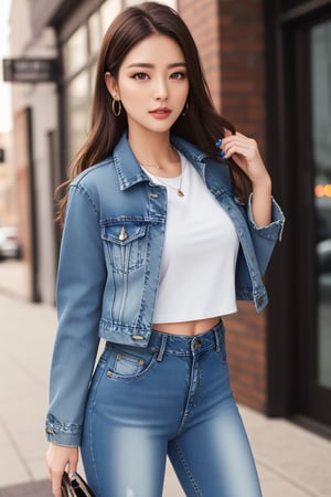 beautiful detailed eyes, tight jeans, cropped denim jacket