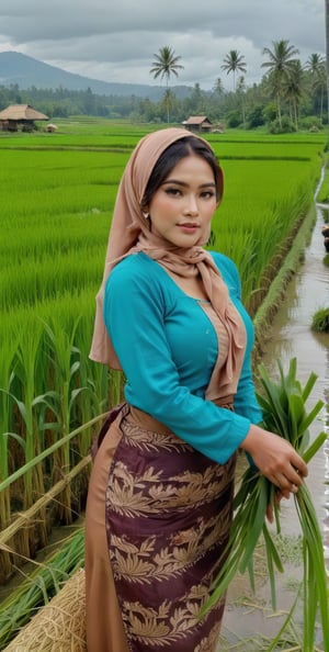 (((full shoot D3vi))), indonesian woman, (masterpiece, best quality, 8K）,woman working in the rice fields, old style, retro, hijab, GIRLS, sexy