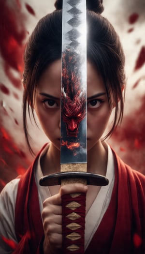 A cinematic close-up captures the intense gaze of a fierce Japanese female warrior as she holds a katana vertically in front of her face. The reflective surface of the sword's 1.3-meter long blade reveals an ancient mythical demon's menacing visage (1.6) amidst tiny, finest details that seem to shimmer like diamonds. Anime-style brushstrokes bring forth a masterpiece of bold lines and vibrant colors, with the warrior's fierce determination and the demon's haunting presence taking center stage.,SH