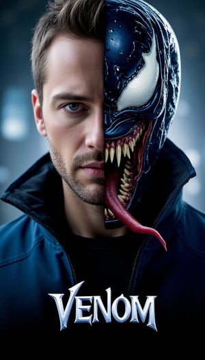 Create a stunning movie poster inspired by Marvels Venom, close-up of a male enitiy, one half of his body is of human wearing a blue jacket, the other half his body is alien character venom with movie like vfx skin and tentacles, The title VENOM should be prominently displayed in a stylish venom font at the bottom. The overall tone should be immersive and visually captivating,capturing the awe-inspiring beauty of the thriller theme