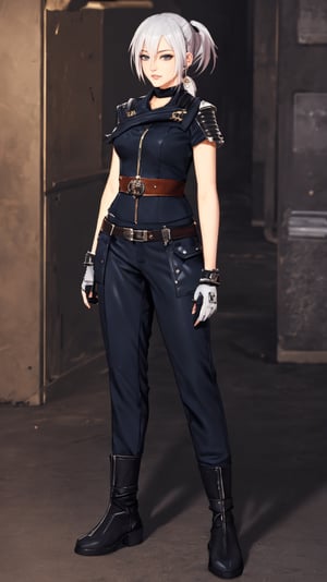 jett \(valorant\), anime, masterpiece, best quality, ultra detailed, Beautiful tall girl, frecles, pale skin, white hair, ponytail, bangs, fingerless gloves, official alternate costume, pants, full body, gloves, disheveled hair, leather outfit, leather boot, slim, (valorant)