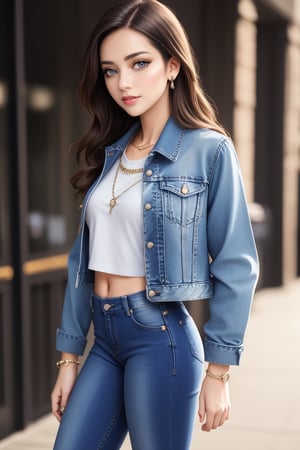 beautiful detailed eyes, tight jeans, cropped denim jacket