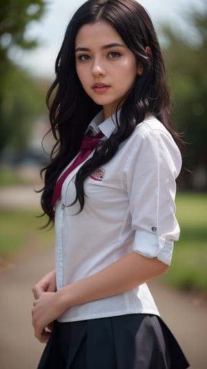 masterpiece, realistic, best quality, ultra detailed, intricate, professional photography, HDR, High Dynamic Range, (8k UHD), RAW photo, dslr, realistic LUT, cinematic LUT, perfect lighting, professional lighting, cinematic lighting, cinematic shadows, Create a cinematic, filmic image , (1girl:1.2), wearing school uniform, cute, extreme detailed, (black_hair:1.1), colorful,highest detailed, facing_viewer, lightning, ewelry:1.4, random color, long curly wave hair, full_body, 