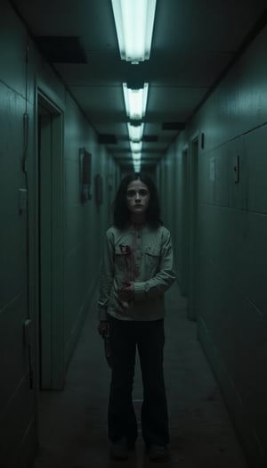 Esther Orphan: A haunting shot of a young woman, Esther, stands alone in a dimly lit corridor. Her eyes are wide with fear as she clutches a knife tightly in her hand. Bloodstains mar her clothing, telling the tale of a tumultuous past. The framing captures her vulnerability, with the camera positioned low to emphasize her petite stature. Flickering fluorescent lights cast eerie shadows on the walls, further heightening the sense of unease. Esther's pose conveys a mix of fear and determination as she faces an unknown terror head-on.,esth3r