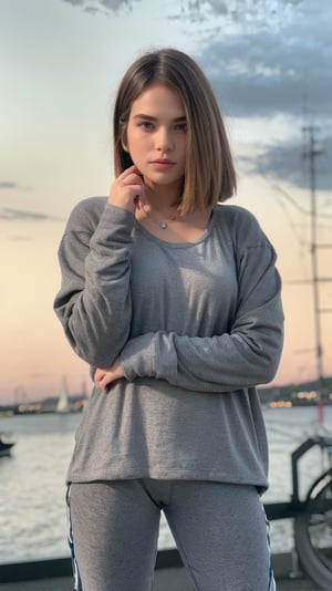 a expressive woman,Blunt bob,Brunette,Athleisure Comfy sweatpants in a soft grey fleece material.,claw pose,,Calm sky with sailboats on the horizon,Middle Ages,Grunge style Textured distressed vintage edgy punk rock vibe dirty noisy,style by Misha Gordin,bokeh professional 4k highly detailed,Fujichrome Provia 100F,split lighting