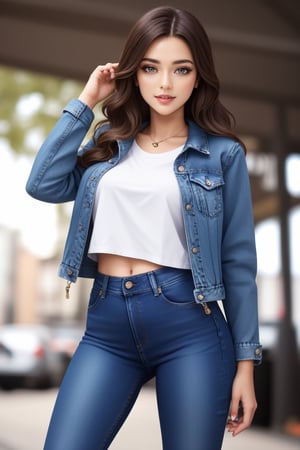 beautiful detailed eyes, tight jeans, cropped denim jacket