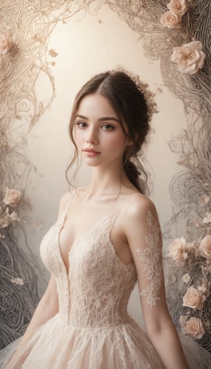 A stunning 8K UHD photograph of a young woman in a breathtaking lace dress, posed against a subtle gradient background with intricate zentangle patterns and delicate flower effects. Soft, iridescent lighting casts a warm glow on the subject's porcelain skin, while cinematic shadows accentuate her features. Professional photography equipment captures every detail, from the delicate lace trim to the soft folds of fabric, in razor-sharp focus. A realistic LUT enhances the natural colors, while a touch of art nouveau flair adds whimsical charm to the overall aesthetic.