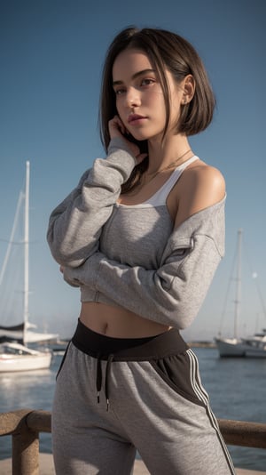 a expressive woman,Blunt bob,Brunette,Athleisure Comfy sweatpants in a soft grey fleece material.,claw pose,,Calm sky with sailboats on the horizon,Middle Ages,Grunge style Textured distressed vintage edgy punk rock vibe dirty noisy,style by Misha Gordin,bokeh professional 4k highly detailed,Fujichrome Provia 100F,split lighting