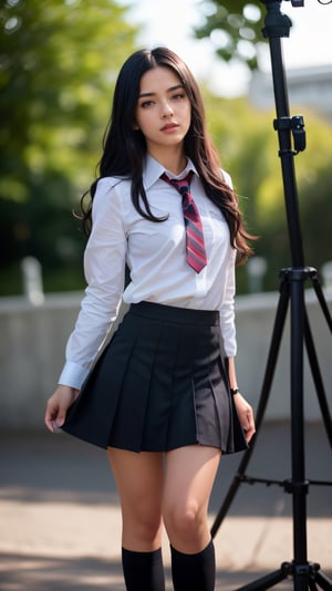 masterpiece, realistic, best quality, ultra detailed, intricate, professional photography, HDR, High Dynamic Range, (8k UHD), RAW photo, dslr, realistic LUT, cinematic LUT, perfect lighting, professional lighting, cinematic lighting, cinematic shadows, Create a cinematic, filmic image , (1girl:1.2), wearing school uniform, cute, extreme detailed, (black_hair:1.1), colorful,highest detailed, facing_viewer, lightning, ewelry:1.4, random color, long curly wave hair, full_body, 